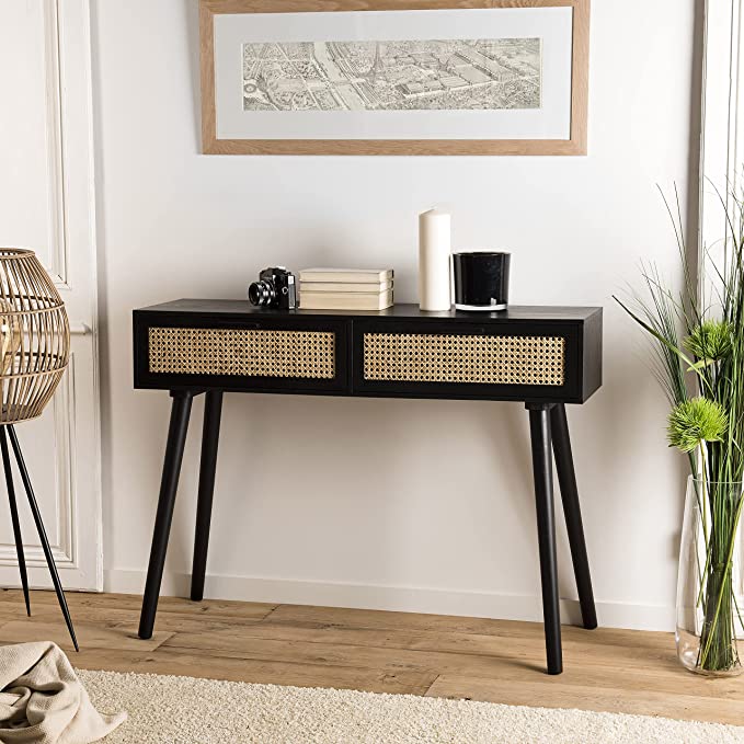 2 Black Wood Console with Cane Drawers (Black)