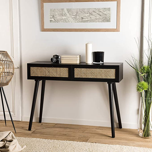 2 Black Wood Console with Cane Drawers (Black)