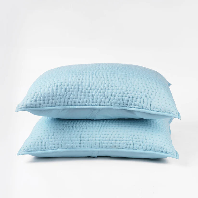 Blue 300TC cotton satin quilted pillow covers, Kantha stripe quilting pattern, Sizes available