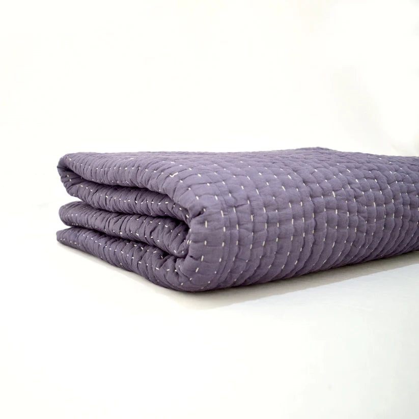 Kantha Bedspread - Lavender colour with chevron pattern quilting