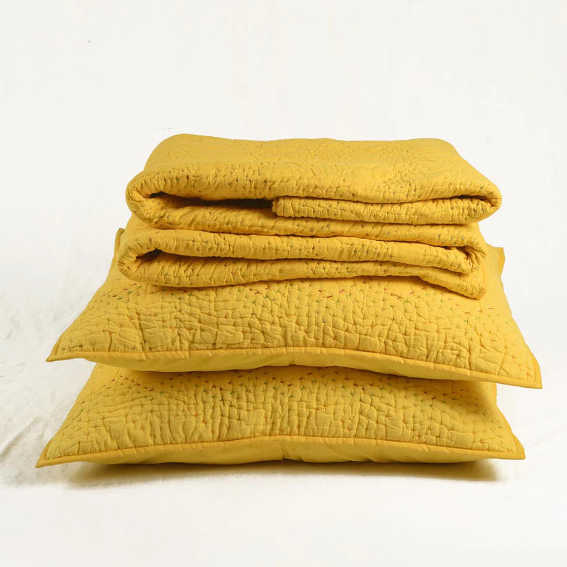 Yellow cotton chevron kantha quilt set – Quilt with coordinated pillow covers, sizes available