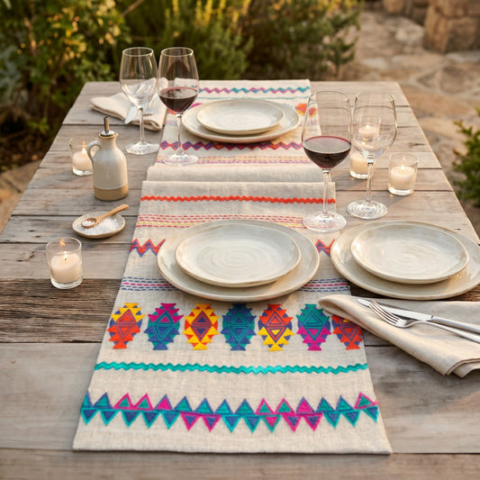 Folk Kilim Table Runner – Aztec Diamond & Zigzag Embroidery on Pure Linen | 3 Sizes