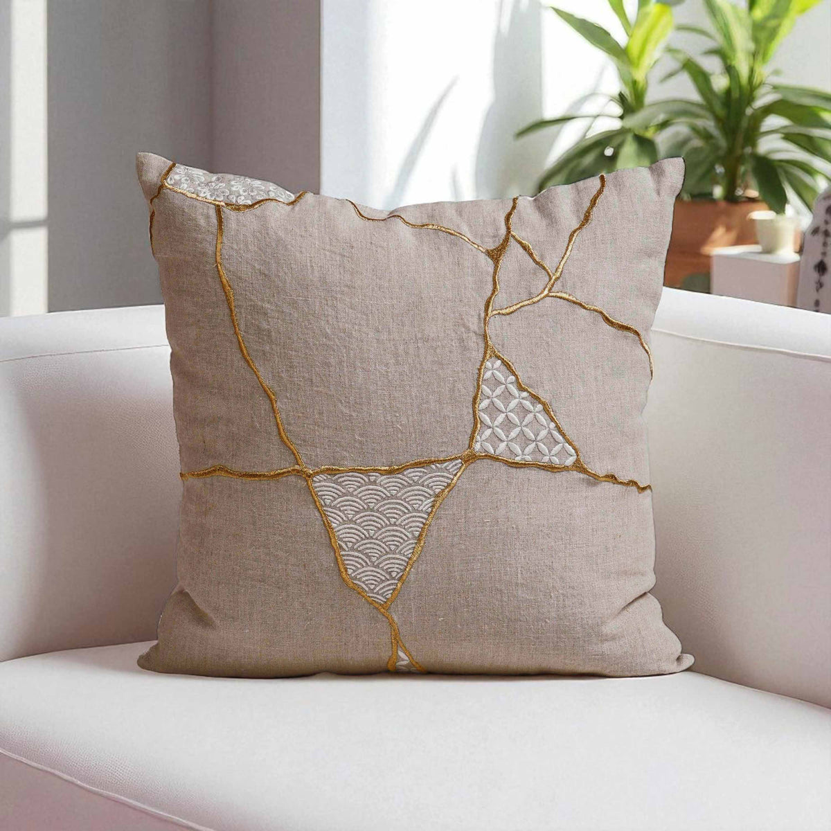 KINTSUGI Embroidered Linen Pillow Cover – 18x18 Inch, Gold & White Embroidery, Medium Mend