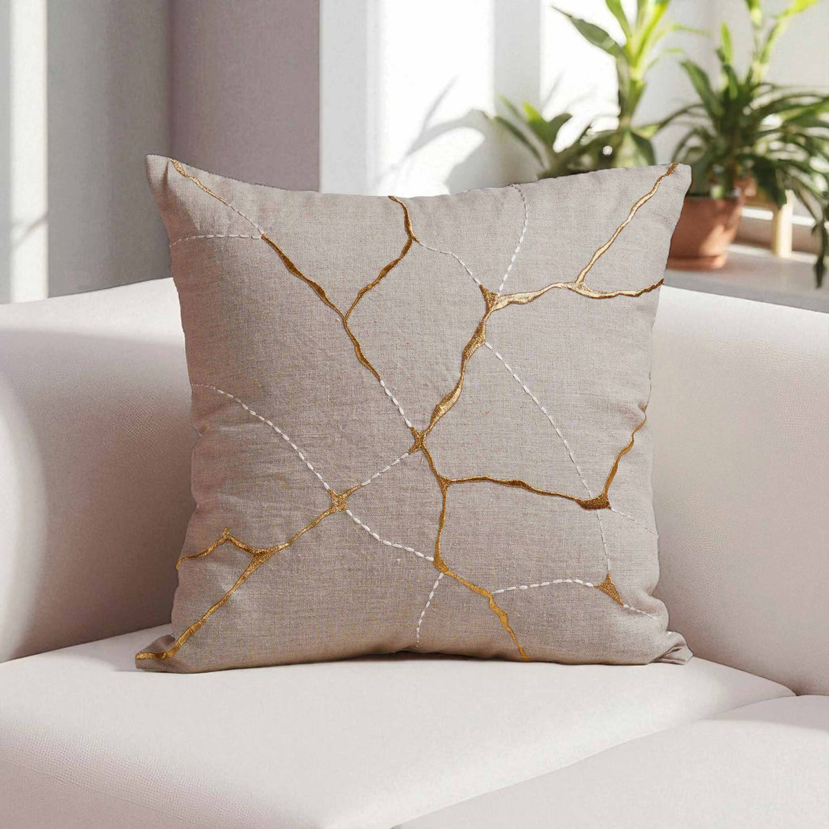 KINTSUGI Embroidered Linen Pillow Cover – 18x18 Inch, Gold & White Embroidery, Small Mend