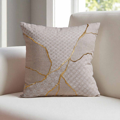 Gold & White Kintsugi Embroidered Linen Pillow Cover 18x18 Inch