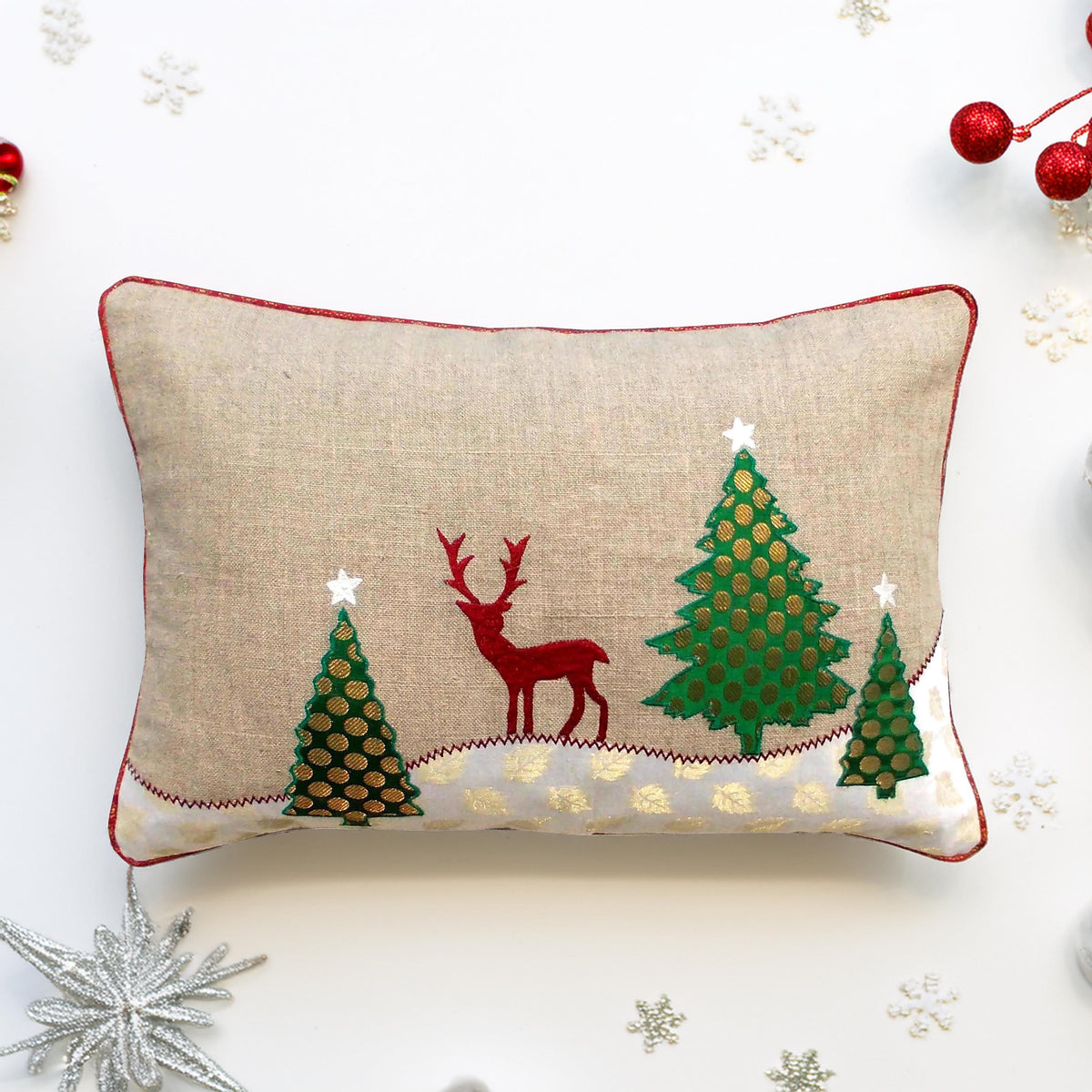 Christmas Tree & Reindeer Cushion Cover – Natural Linen with Indian Brocade Applique | 14×21"