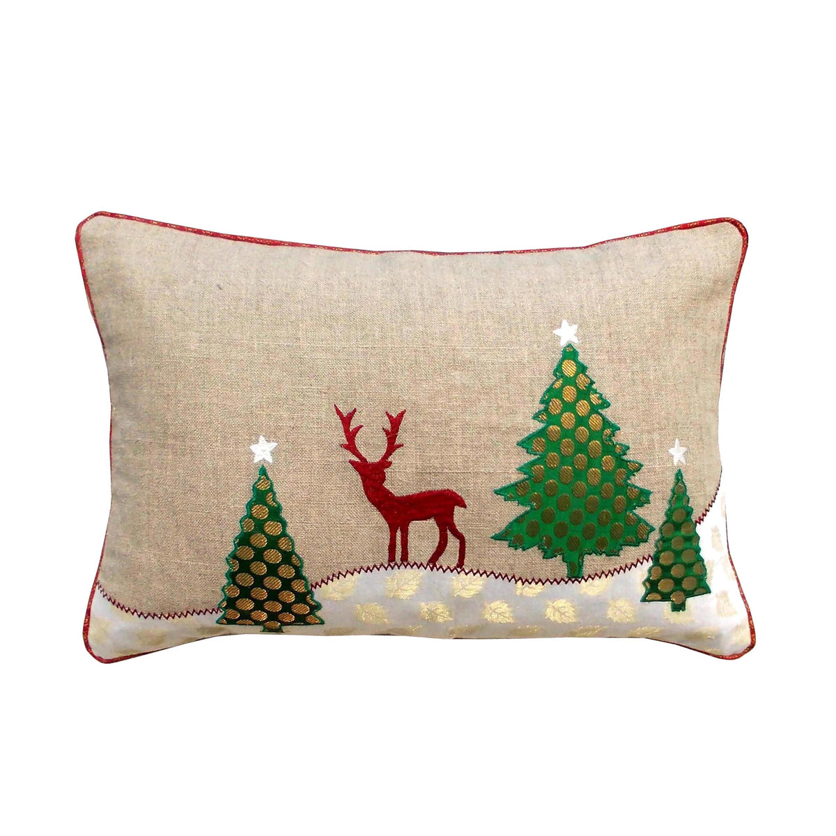 Christmas Tree & Reindeer Cushion Cover – Natural Linen with Indian Brocade Applique | 14×21"