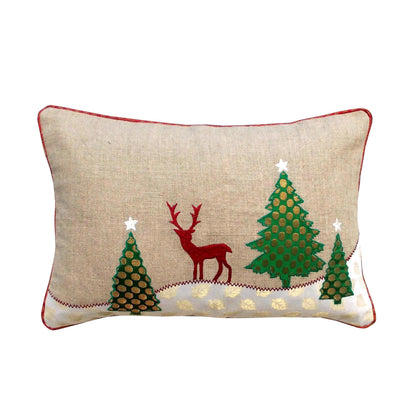 Christmas Tree & Reindeer Cushion Cover – Natural Linen with Indian Brocade Applique | 14×21"
