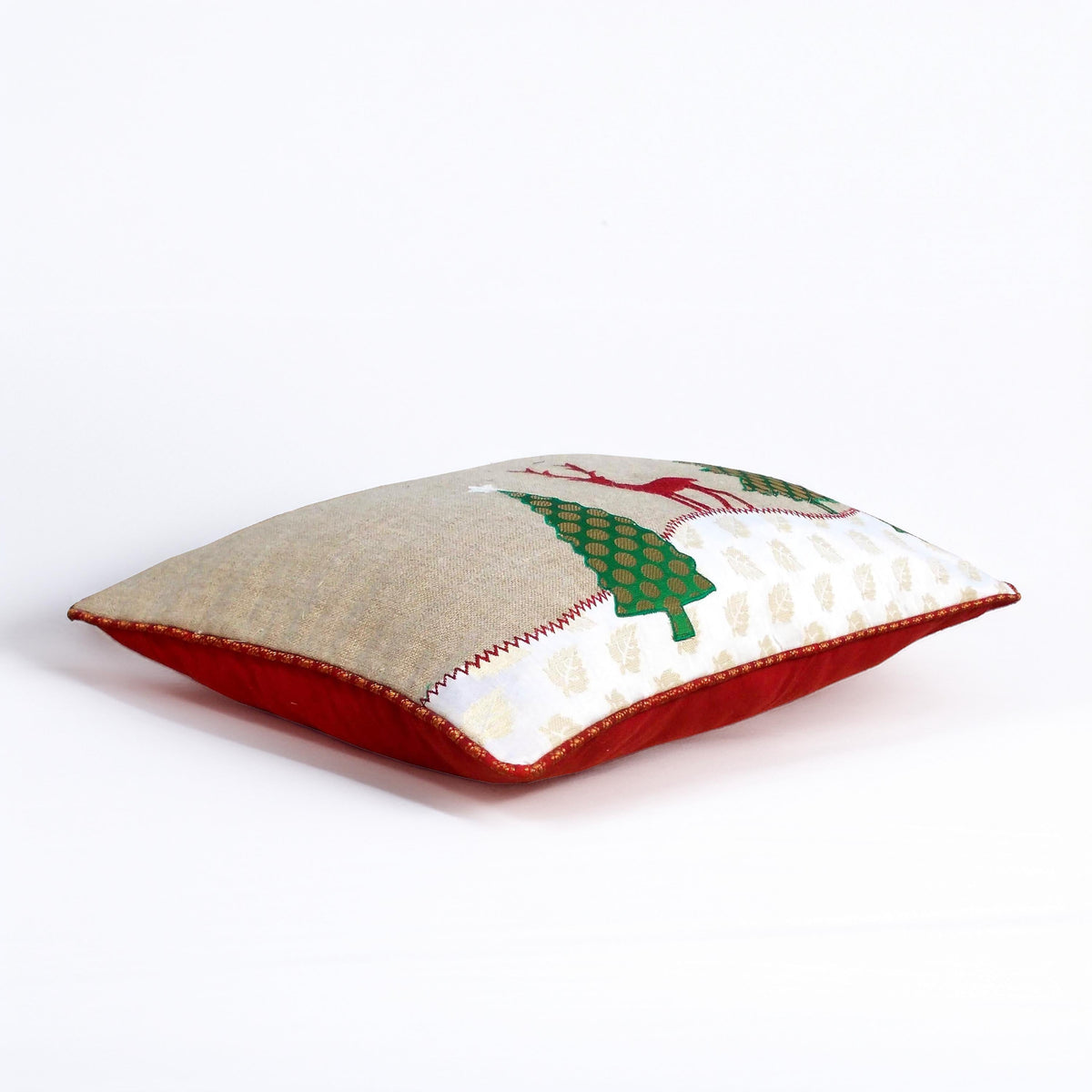 Christmas Tree & Reindeer Cushion Cover – Natural Linen with Indian Brocade Applique | 14×21"