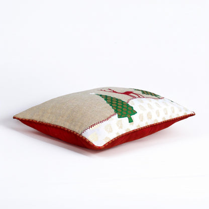 Christmas Tree & Reindeer Cushion Cover – Natural Linen with Indian Brocade Applique | 14×21"