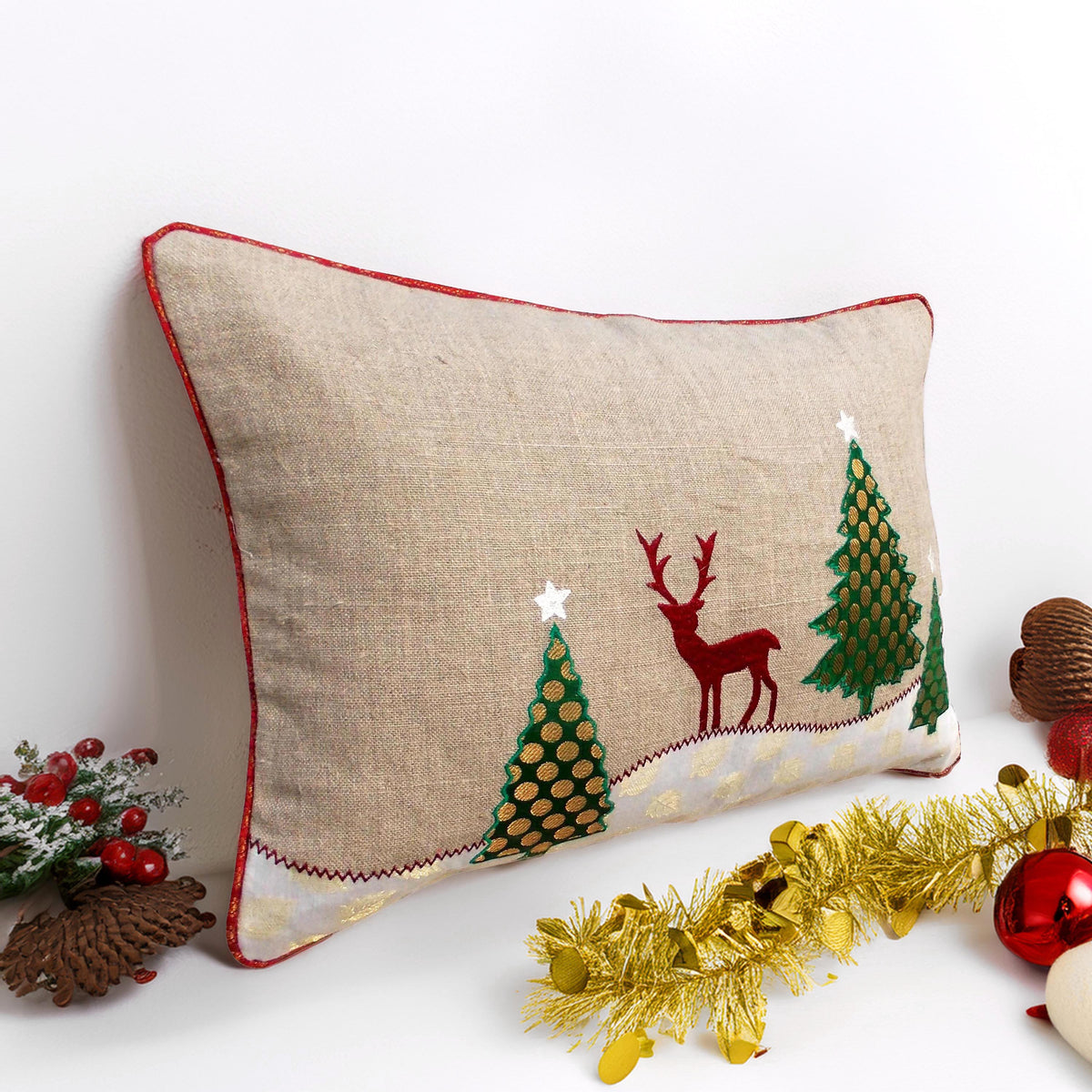 Christmas Tree & Reindeer Cushion Cover – Natural Linen with Indian Brocade Applique | 14×21"