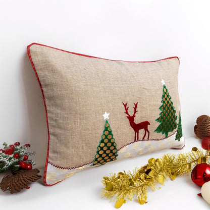 Christmas Tree & Reindeer Cushion Cover – Natural Linen with Indian Brocade Applique | 14×21"