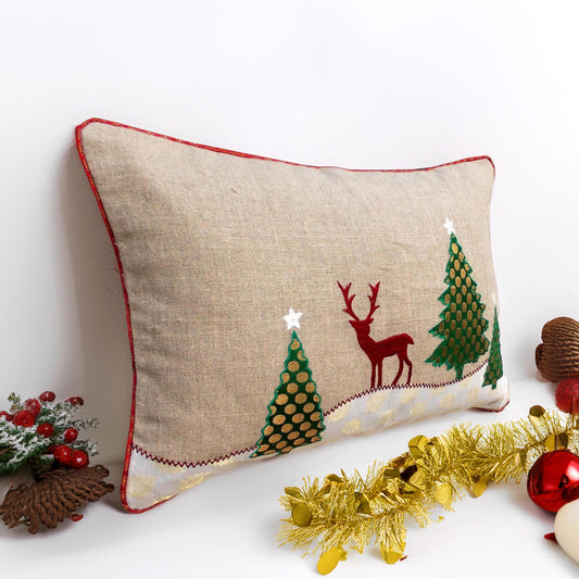 Christmas Tree & Reindeer Cushion Cover – Natural Linen with Indian Brocade Applique | 14×21"