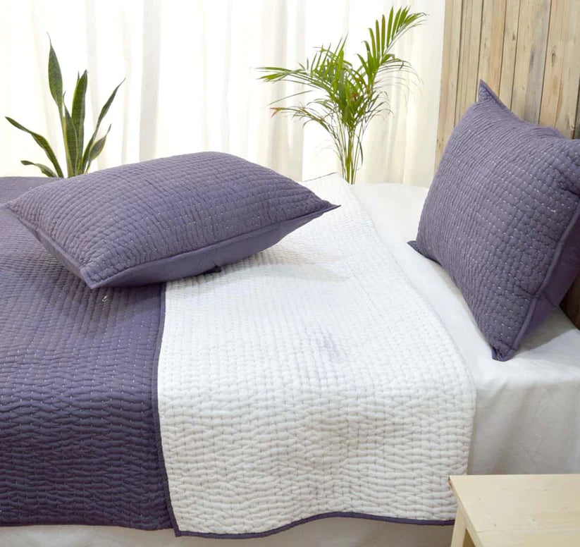 Lavender cotton kantha quilt set - Quilt with coordinated pillow covers, sizes available