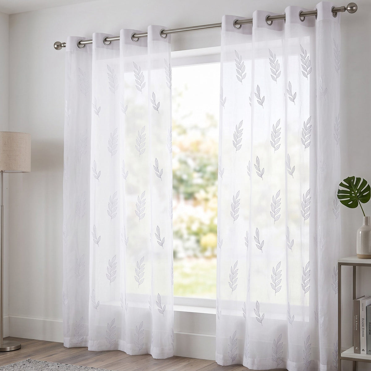White Organdy Curtain Panel | Leaf Embroidery & Applique | 4 Hanging Styles | 52 × 63 & 52 × 84 inches