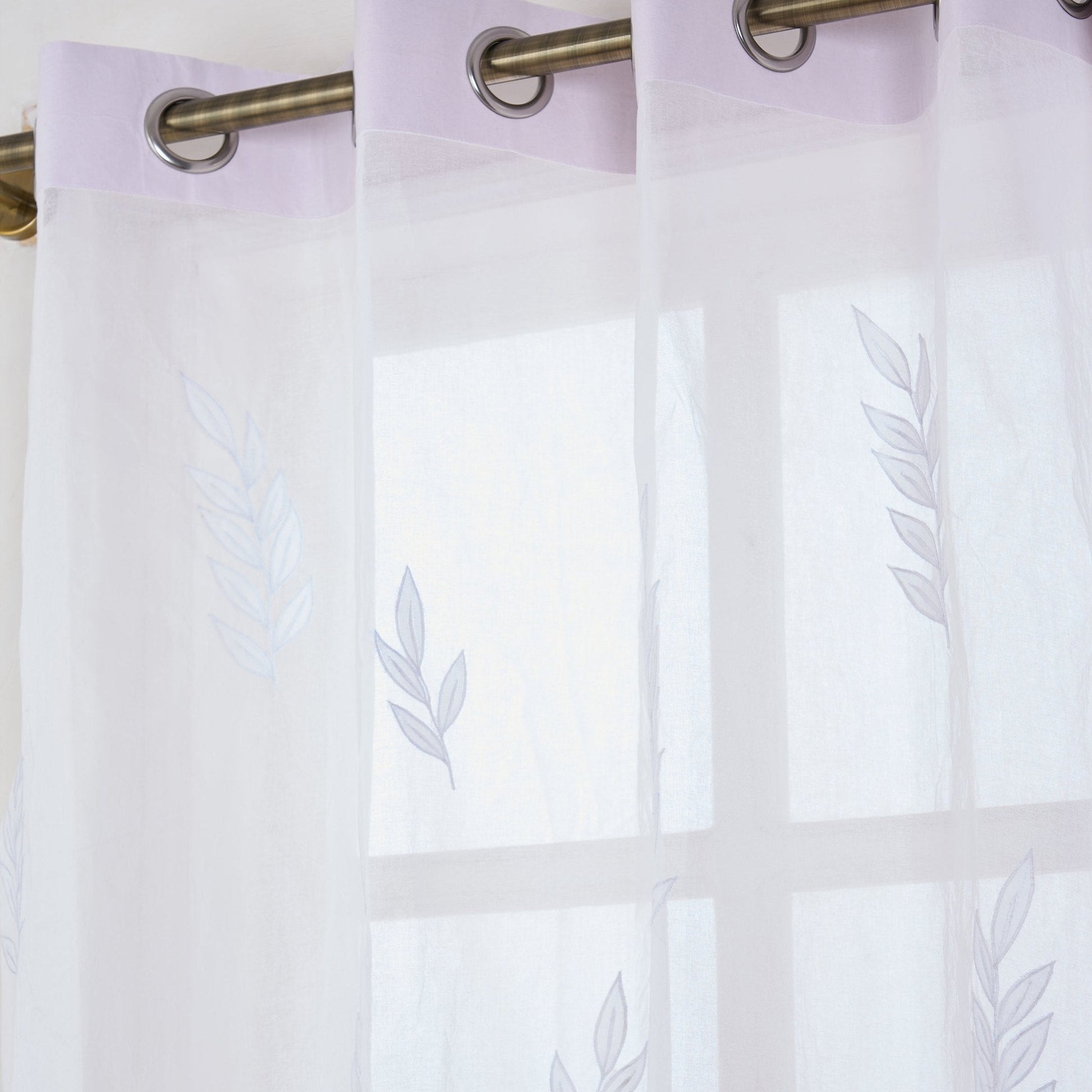 White Organdy Leaf-Embroidered Sheer Curtain with Applique – 52x63 & 52x84