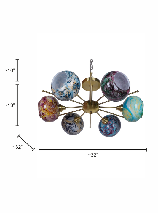 Luxurious Satellite-Like 6 Light Brass Chandelier with Multicolor Glass Shades dimensions