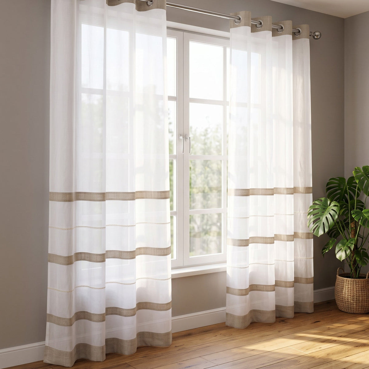 Linen & Organdy Curtain Panel | Linen Bands & Beading Lace | 4 Hanging Styles | 52 × 63 & 52 × 84 inches
