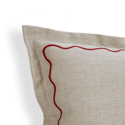Flanged Linen Christmas Pillow Cover with Red Wave Embroidery