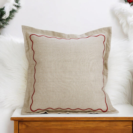 Flanged Linen Christmas Pillow Cover with Red Wave Embroidery