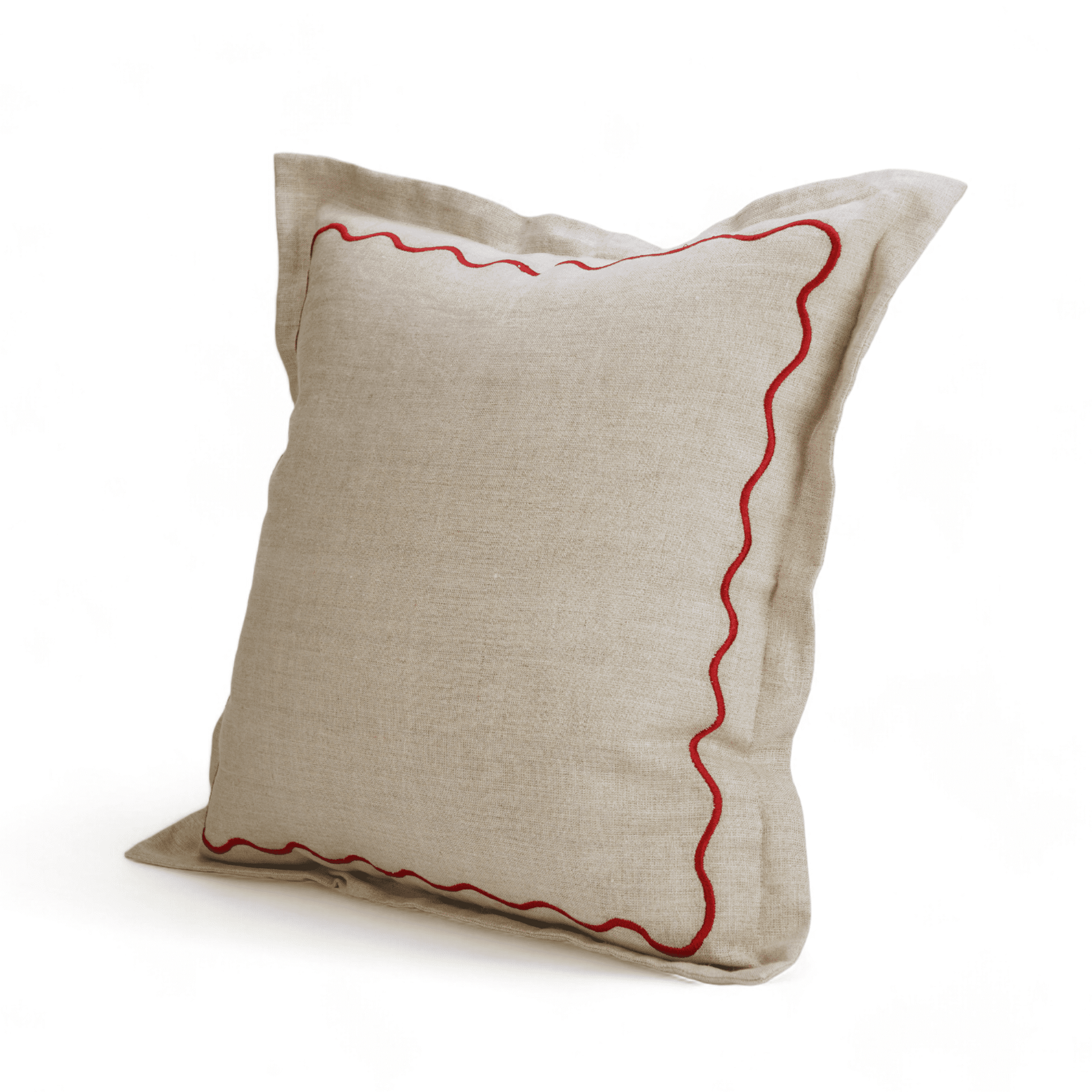 Flanged Linen Christmas Pillow Cover with Red Wave Embroidery