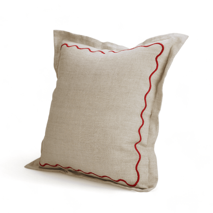 Flanged Linen Christmas Pillow Cover with Red Wave Embroidery