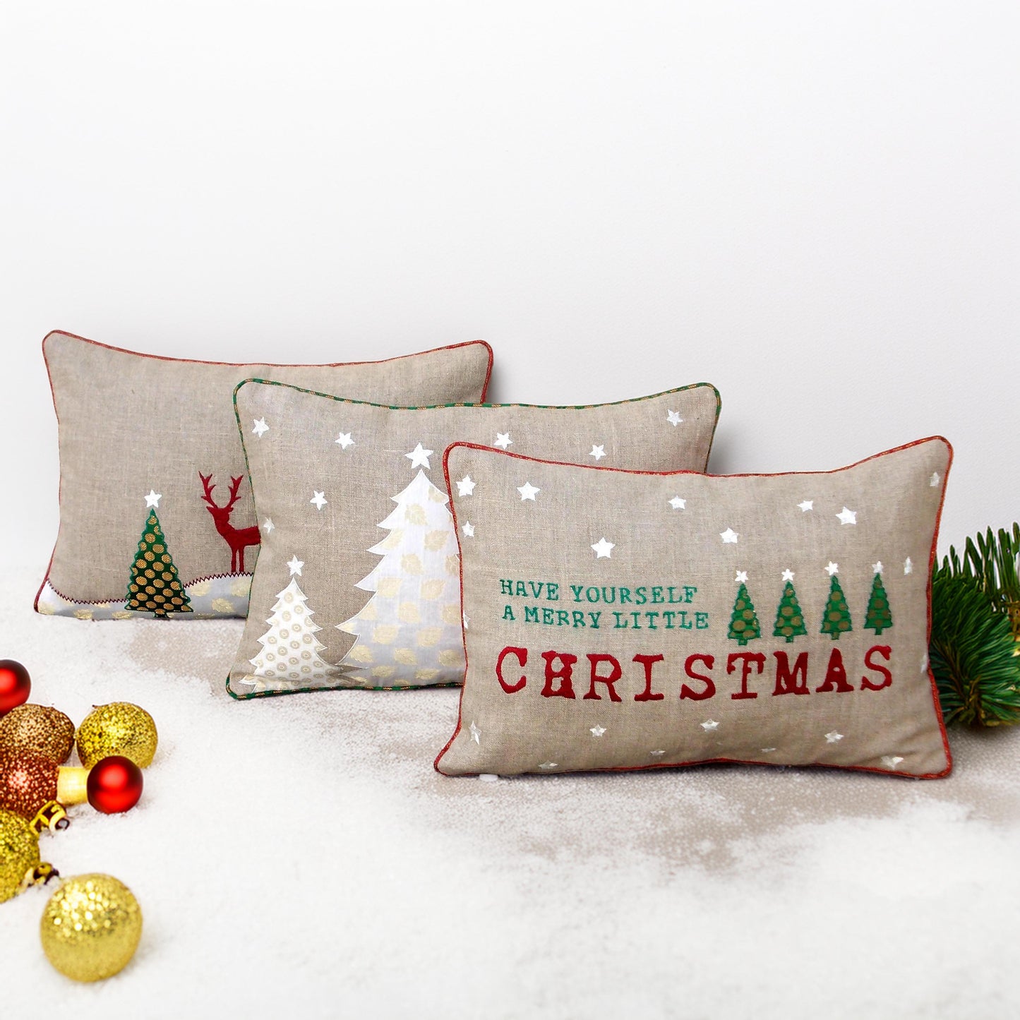 Festive Merry Christmas Linen Brocade Cushion Cover with Red Accents