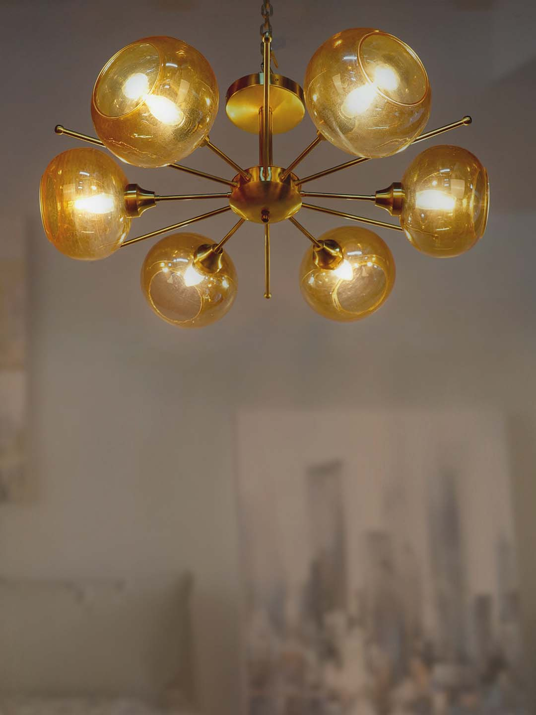 Luxurious Satellite-Like 6 Light Brass Chandelier with Golden Glass Shades home placement
