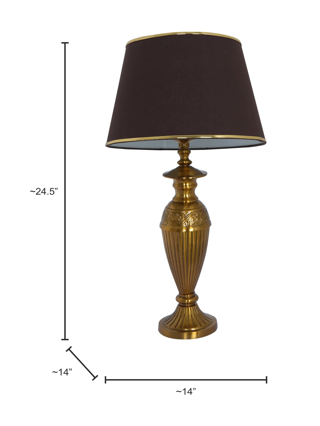 Gold Vintage Aluminium Single Table Lamp Light With 14 Inch Brown Gold Rim Tapered Fabric Shade dimensions