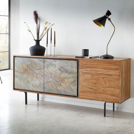 Cabinet made in solid acacia wood with 2 doors and 3 drawers, it is easy to use and store things and has a long life. It has simply designed for use as living room furniture, bedroom furniture home. 