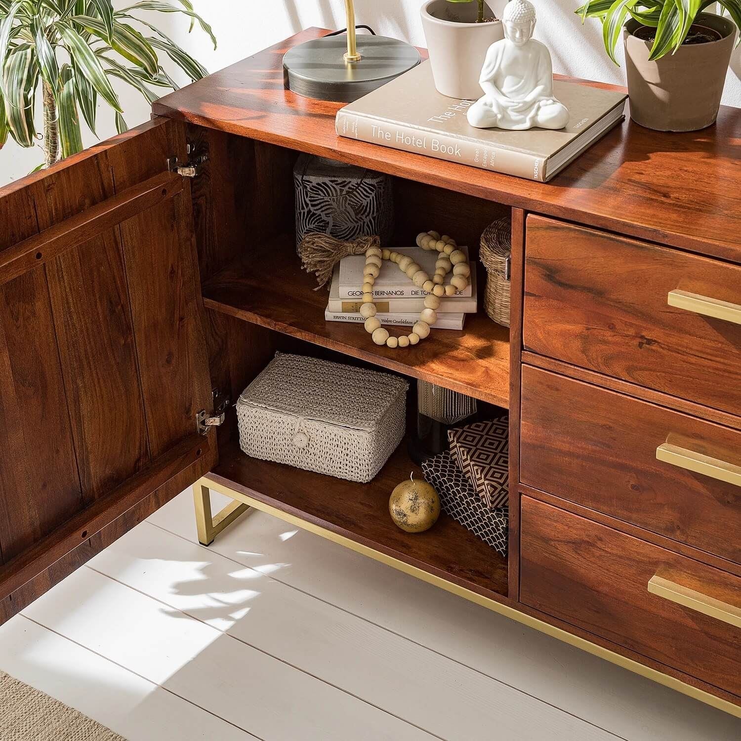 Premium solid acacia wood handcrafted Honey Finish Sideboard door close up