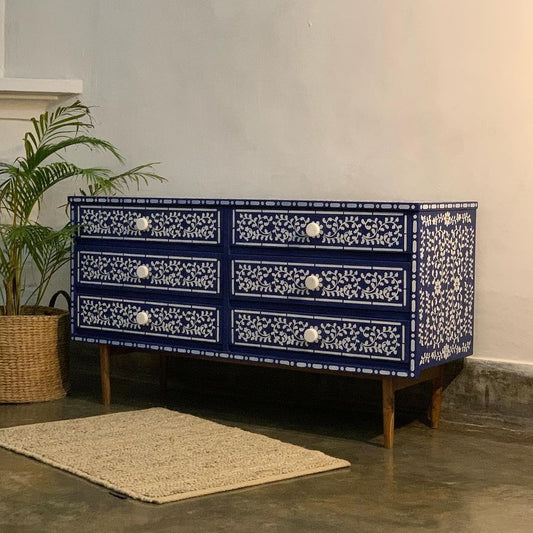 bone inlay inspired hand painted chest of drawer