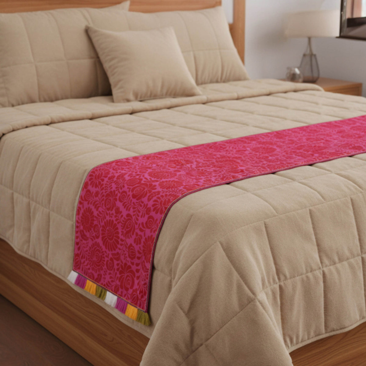 MATYO - Hot Pink Colour Bed Runner Set in Printed Cotton with Fringe - King / Queen / Twin Size