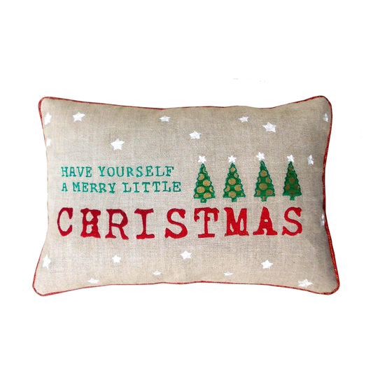 Festive Merry Christmas Linen Brocade Cushion Cover with Red Accents