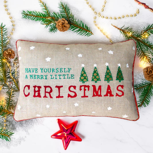 Festive Merry Christmas Linen Brocade Cushion Cover with Red Accents