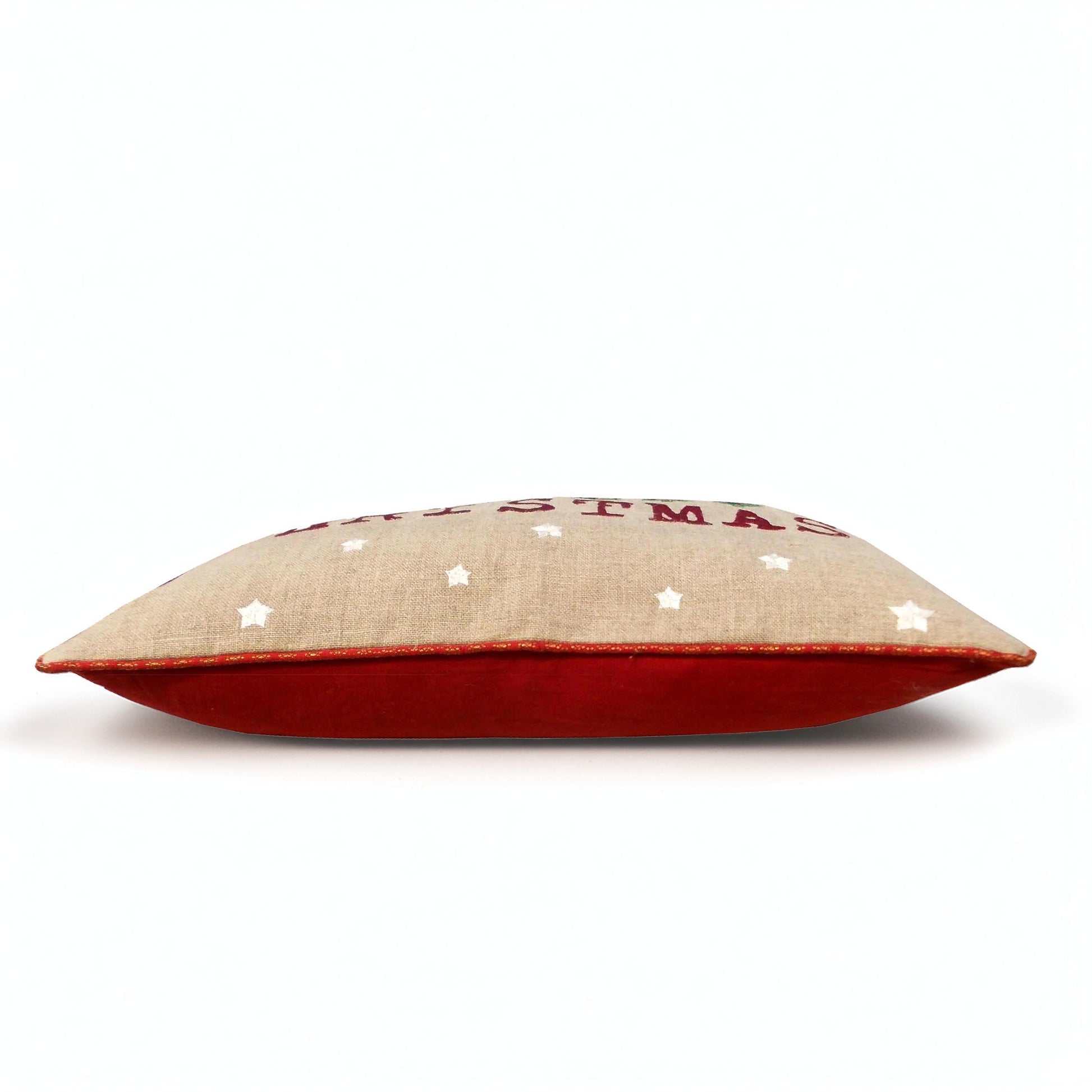 Festive Merry Christmas Linen Brocade Cushion Cover with Red Accents