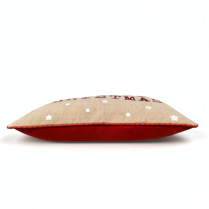Festive Merry Christmas Linen Brocade Cushion Cover with Red Accents