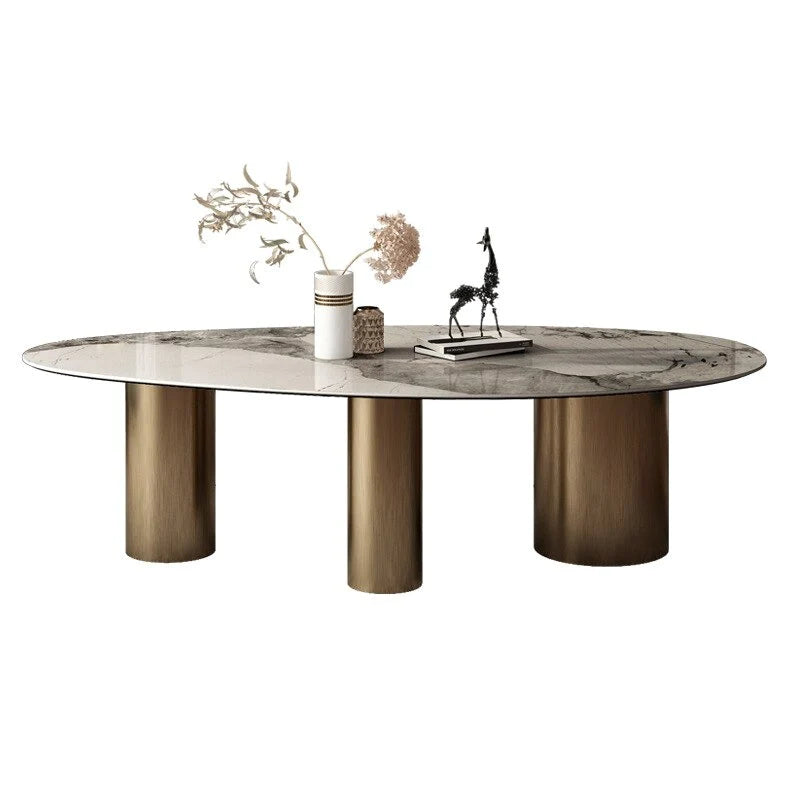 Modern Solace Oval Stone Top Dining Table with Luxurious Metal Base