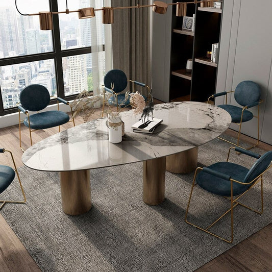 Modern Solace Oval Stone Top Dining Table with Luxurious Metal Base