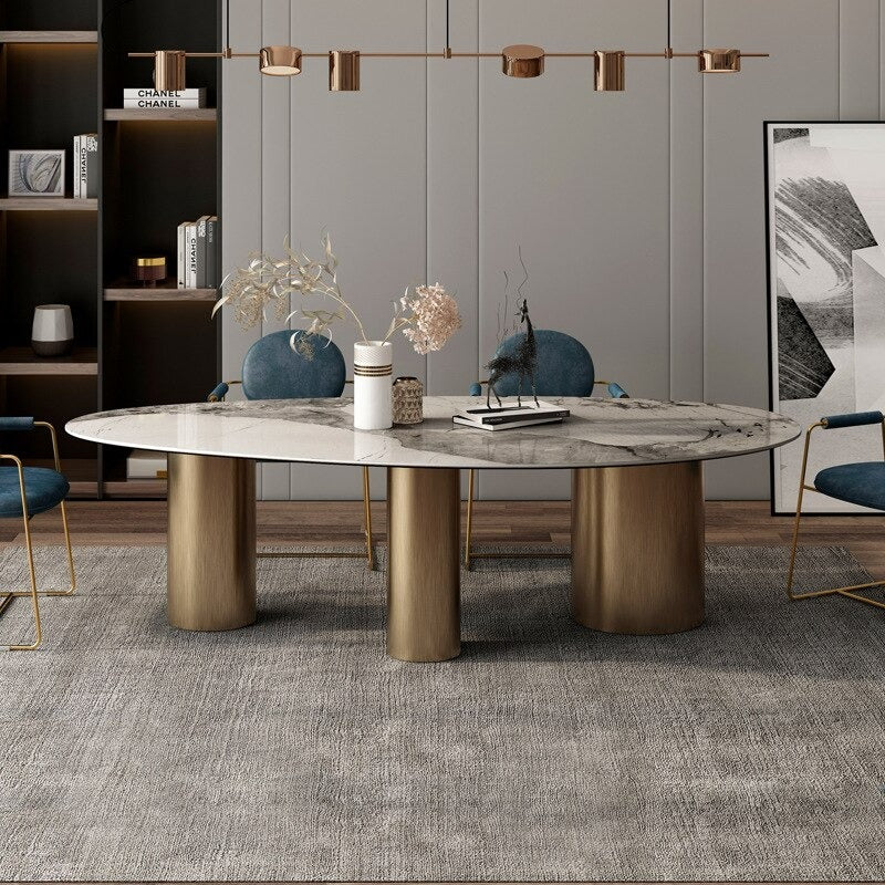 Modern Solace Oval Stone Top Dining Table with Luxurious Metal Base