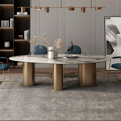 Modern Solace Oval Stone Top Dining Table with Luxurious Metal Base