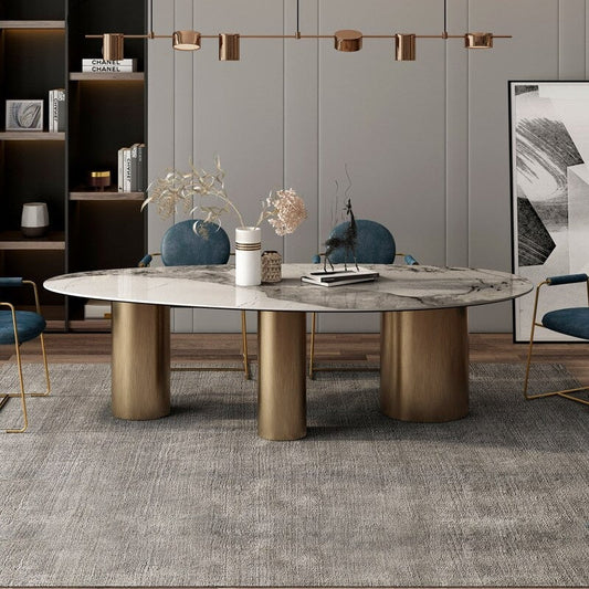 Modern Solace Oval Stone Top Dining Table with Luxurious Metal Base