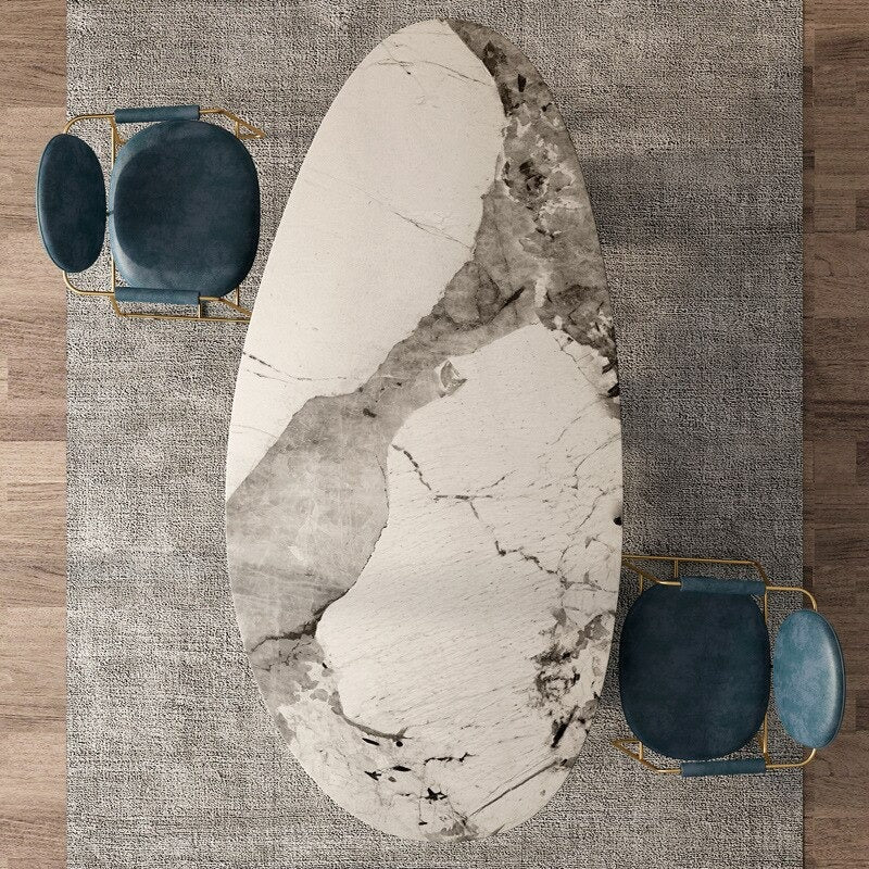 Modern Solace Oval Stone Top Dining Table with Luxurious Metal Base
