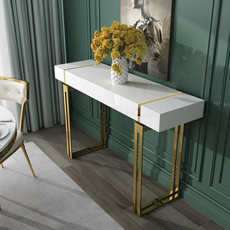 Luxury Modern Console Table Glossy Top Gold Geometric Base Storage Drawer