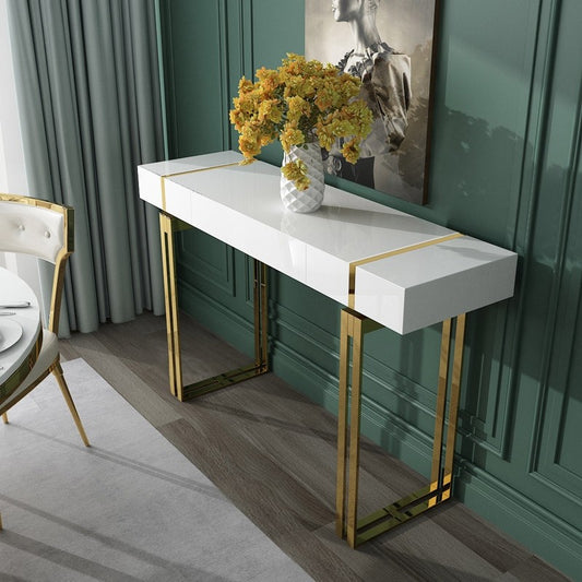 Luxury Modern Console Table Glossy Top Gold Geometric Base Storage Drawer