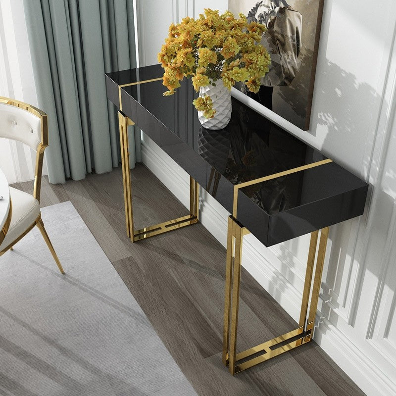 Luxury Modern Console Table Glossy Top Gold Geometric Base Storage Drawer