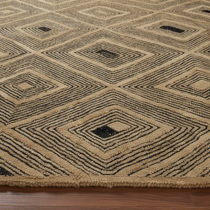 Moroccan Hand Tufted Wool Blend Carpet - Beige & Black Diamonds