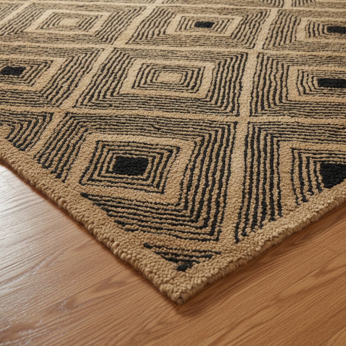 Moroccan Hand Tufted Wool Blend Carpet - Beige & Black Diamonds
