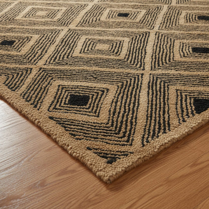 Moroccan Hand Tufted Wool Blend Carpet - Beige & Black Diamonds