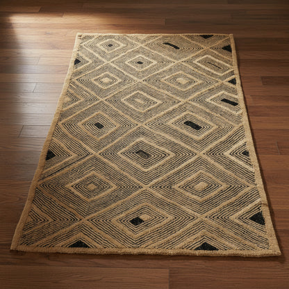 Moroccan Hand Tufted Wool Blend Carpet - Beige & Black Diamonds